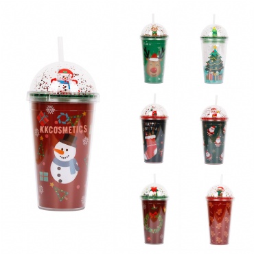16oz Double Plastic Bottle With Christmas Microscape W/Straw
