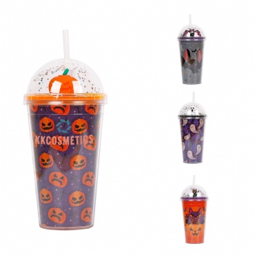 16oz Double Plastic Bottle W/Halloween Microscape And Straw