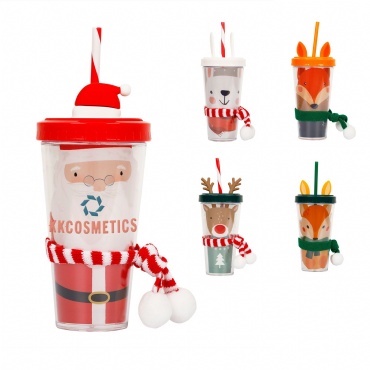 12oz Double Plastic Bottle W/Straw For Christmas Provided