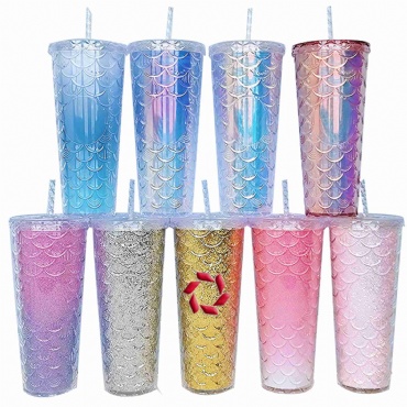 24 Oz Double-wall Plastic Fish Scales  Tumbler W/ Straw