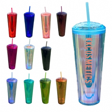 24 Oz Double-wall Plastic Prismatic Strip Tumbler W/ Straw