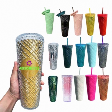 24 Oz Double-wall Plastic Prismatic Grid Tumbler W/ Straw