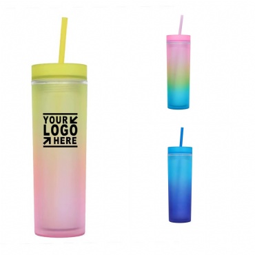 16Oz Double Plastic Gradient Cup With Straw