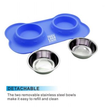 Double Pet Bowl Set In Bone Shape Antiskid Silicone Tray